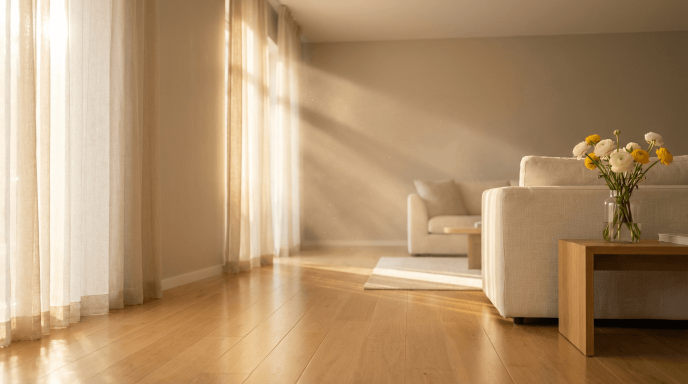 Bright living room with natural light and spotless surfaces