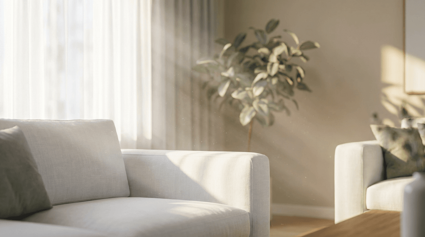 Bright Montreal living room being cleaned with natural sunlight